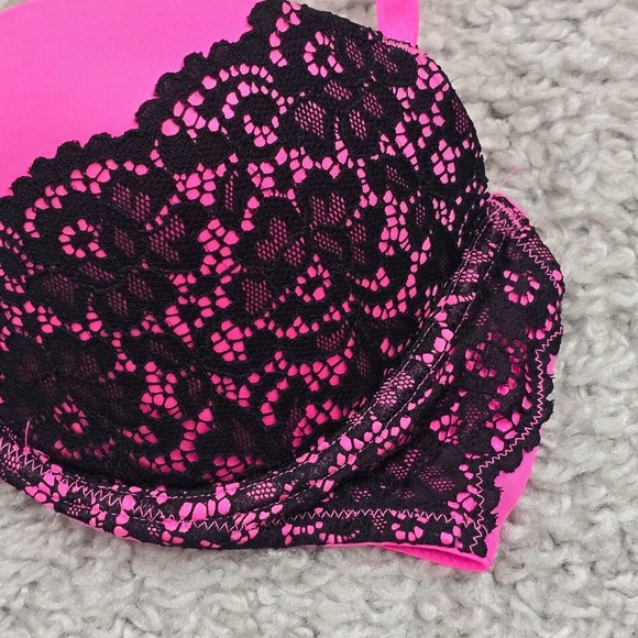 Victorias Secret Balconette Bra 34C Underwire Pink Lace Padded Y2K Coquette - Picture 3 of 11